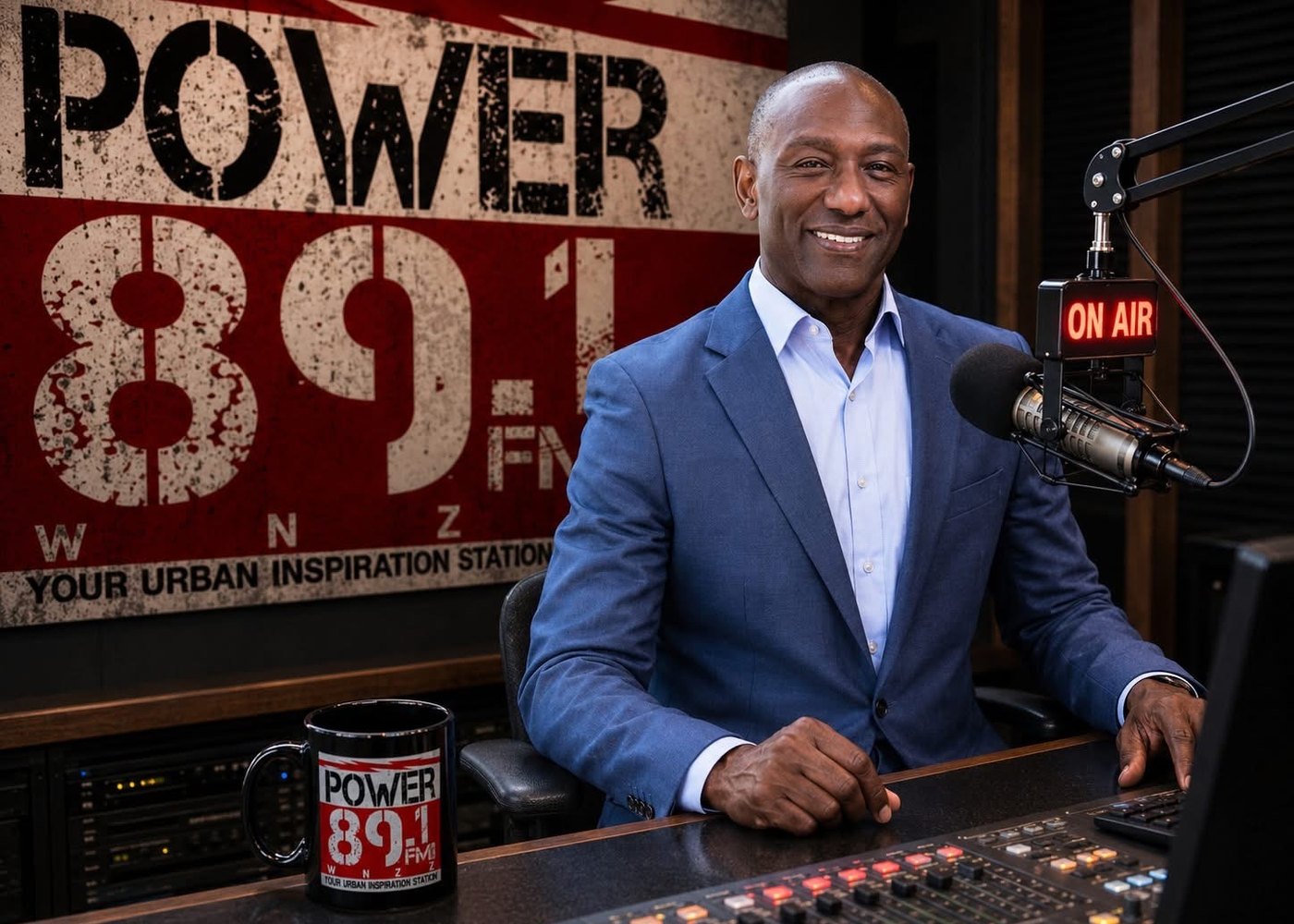 Dr. Mark Ballard on air at WNZN Power 89.1 FM, the ON AIR light lit